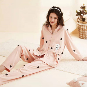 美之梦睡衣女春季针织棉波点卡通休闲翻领开襟长裤家居服春秋套装