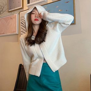 zara官方旗舰店白色连帽毛衣开衫外套女春秋宽松双拉链针织上衣女