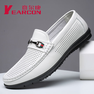 意尔康镂空男鞋真皮透气凉鞋中年夏季休闲皮鞋软底软面男士洞洞鞋