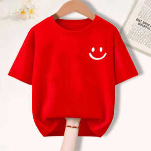 2024新款男童红色短袖T恤中小儿童纯棉半袖衫新年衣服女