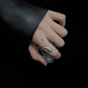 S925纯银蛇形锆石开口戒指女ins暗黑冷淡风食指戒时尚个性小众设