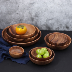 胡桃木沙拉碗整木圆形木碗实木水果深盘碟复古收纳碗日式纯色圆钵
