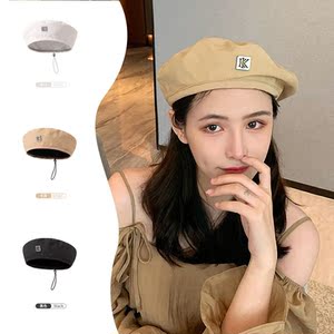 秋冬新款方形金属标kk可调节贝雷帽女复古文艺气质画家帽成人帽子