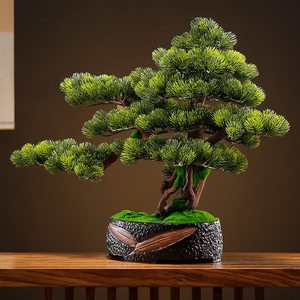 新中式根雕工艺品仿真迎客松树崖柏书桌面客厅绿植盆景装饰 摆件