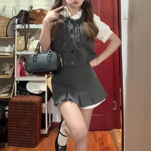 韩系学院风灰色套装女夏季假两件立领抽褶衬衫高腰短半裙裤两件套