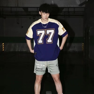 WildX 77冰球短袖美式复古运动拼接休闲橄榄球服篮球嘻哈球衣T恤
