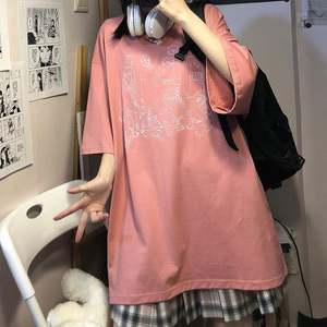 卡宾脏粉色t恤oversize正肩短袖女小众设计感动漫情侣6七分袖夏季