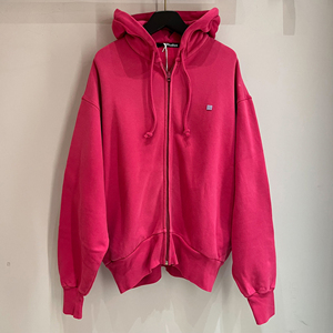 瑞典小众ac笑脸连帽开衫纯棉卫衣秋季新款玫红色加绒百搭运动外套