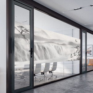 新中式山水风景装饰画办公室公司防窥阻隔玻璃门透明磨砂静电贴纸
