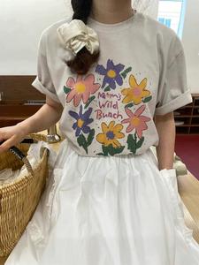 eun2024夏季新款带图案韩系风格甜美花朵印花宽松百搭短袖T恤女