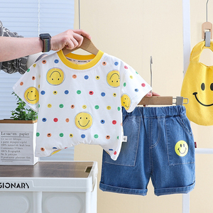 婴儿衣服夏季可爱童装笑脸短袖T恤套装一岁6七8十9个月男宝宝夏装