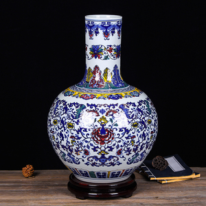 景德镇陶瓷器 高档手绘描金缠枝莲牡丹天球花瓶 中式家居装饰摆件