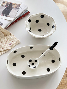 安木良品 大厂订单 日式ins风波点手捏质感陶瓷沙拉碗鱼盘椭圆碗