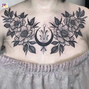 素花胸口纹身贴逼真仿真大图案黑色性感锁骨胸部暗黑系防水女持久