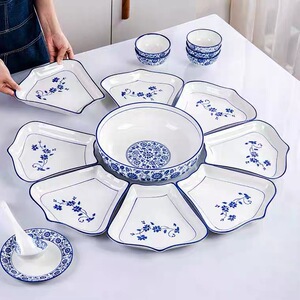 网红陶瓷菜盘子套装圆桌团圆餐具套圆形扇形创意家用拼盘餐具组合