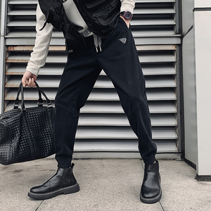 束脚牛仔裤男春秋网红潮牌九分裤黑色哈伦裤宽松小脚卫裤配马丁靴