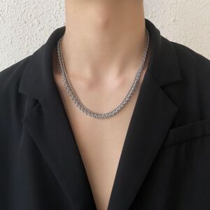 双层叠戴吊坠项链高街男设计感潮牌嘻哈小众个性配饰钛钢挂件简约