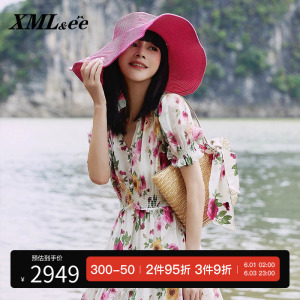 xmlee艾米尔女装2022春夏新款女士连衣裙花卉印花v领收腰长裙
