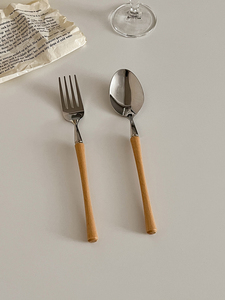 小蛮腰304不锈钢叉勺实木韩式吃饭勺子家用高颜值餐勺干饭勺叉子
