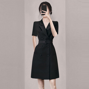 高级感职业通勤OL黑色西装裙2024夏季新款女装收腰名媛气质连衣裙
