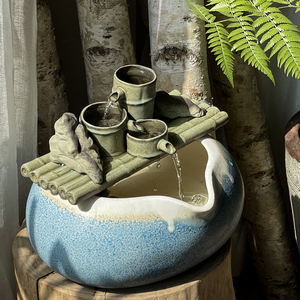 陶瓷流水鱼缸日式桌面循环水办公室开业礼物侘寂风青锵小型鱼种缸