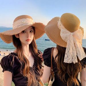 夏季新款拍照好看的帽子女丝带蝴蝶结大檐草帽户外旅游遮阳沙滩帽