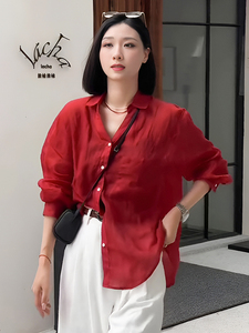 法式薄款高级感红色长袖衬衫2024新款女夏季宽松设计感防晒上衣女