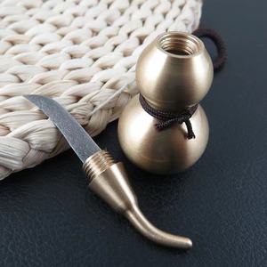 龙泉手工锻打大马士革铜葫芦茶刀锋利水果刀快递刀便携多功能小刀