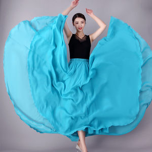 720度雪纺大摆半身长裙子春夏湖蓝色沙滩裙广场舞裙新疆舞维族舞