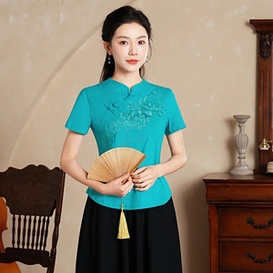 中式立领盘扣绣花女装短袖夏季长袖t恤民族风上衣女中国风打底衫