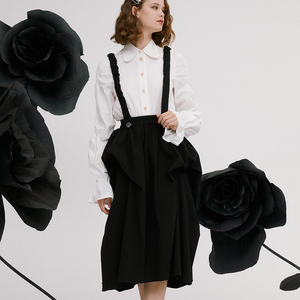 since rose法式黑色背带裙秋季不规则皱褶半身裙女修身减龄中长裙