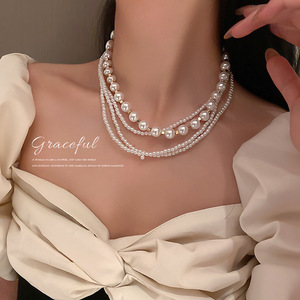 韩国东大门时尚新款多层珍珠项链锁骨链颈链夸张个性项饰品女批发