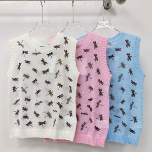 yoyo高定！24夏季新品薄款镂空蜻蜓刺绣针织背心短袖上衣女针织衫