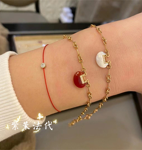 qeelin/麒麟 yuyi系列18k玫瑰金镶钻紅玛瑙如意锁手链女单链手环