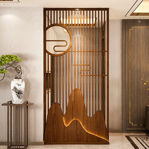 新中式屏风隔断客厅进门遮挡祥云玄关实木格栅装饰办公室带灯前台