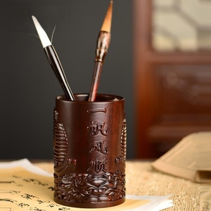 黑檀木雕一帆风顺笔筒工艺品办公室书桌家居客厅木质笔筒摆件送礼