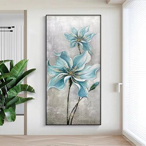 纯手绘油画蓝色花卉轻奢现代简约玄关装饰画走廊墙画过道竖版挂画