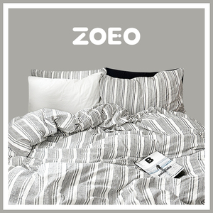 韩国ZOEO春季新款柔软舒适全棉四件套简约风黑白条纹床单床笠床品