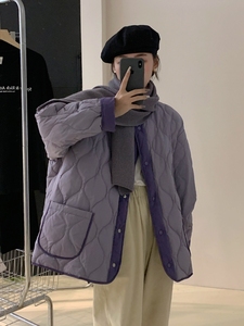 轻薄菱格羽绒棉服女2024冬装新款韩系高级设计感紫色拼接棉衣外套