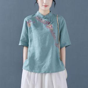 民族风古装唐装上衣夏装刺绣旗袍衬衫女士短袖立领中国风女装绿色