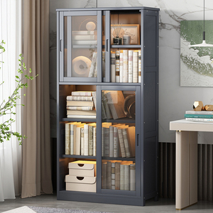 玻璃门书柜轻奢靠墙家用落地带门客厅展示柜推拉门组装防尘书架