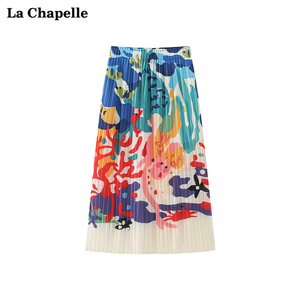 拉夏贝尔/La Chapelle彩色抽象印花半身裙松紧腰开叉褶皱中长裙夏