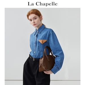 拉夏贝尔/La Chapelle设计感翻领口袋拼皮牛仔衬衫女宽松休闲上衣