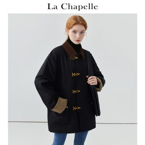 拉夏贝尔/La Chapelle复古黑色拼接棉服女宽松加厚外套棉衣棉袄