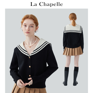拉夏贝尔/La Chapelle撞色海军领金扣针织开衫女宽松加厚毛衣外套