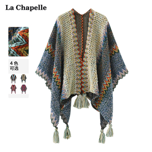 拉夏贝尔/La Chapelle民族风复古波西米亚针织流苏外搭披肩女
