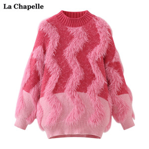 拉夏贝尔/La Chapelle春季款波浪纹仿水貂毛套头毛衣女小众针织衫