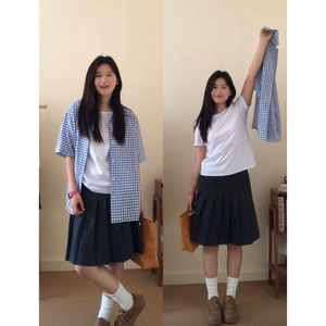 韩版复古经典蓝色小格子衬衫女夏薄款短袖学院风宽松潮牌防晒外套