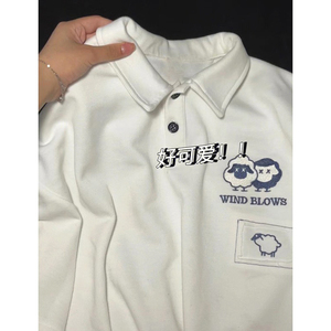 韩版短袖白色Polo衫上衣女宽松设计感小众学生夏季学院风半袖t恤