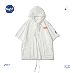 NASA国潮hiphop连帽短袖卫衣设计盘扣t恤夏季潮牌五分袖工装外套